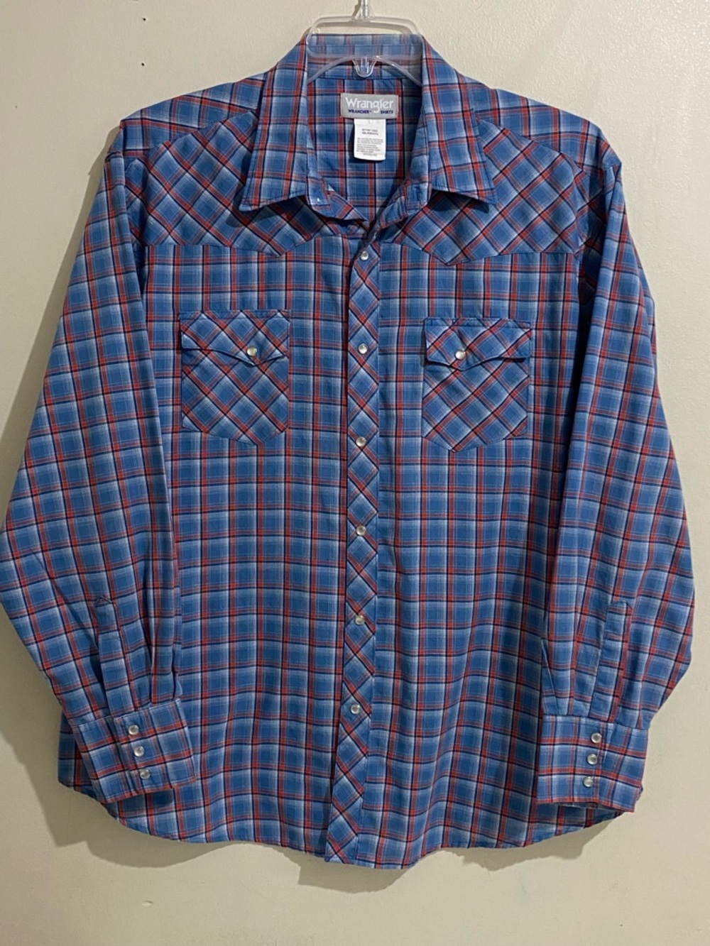Wrangler Men's Blue Plaid Western Shirt Pearl Snaps Long Sleeve Size XXL